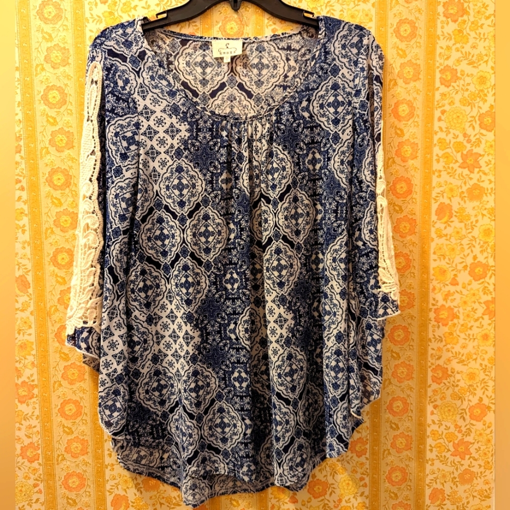 Ember Patterned Blouse with Lacey Bell Sleeves